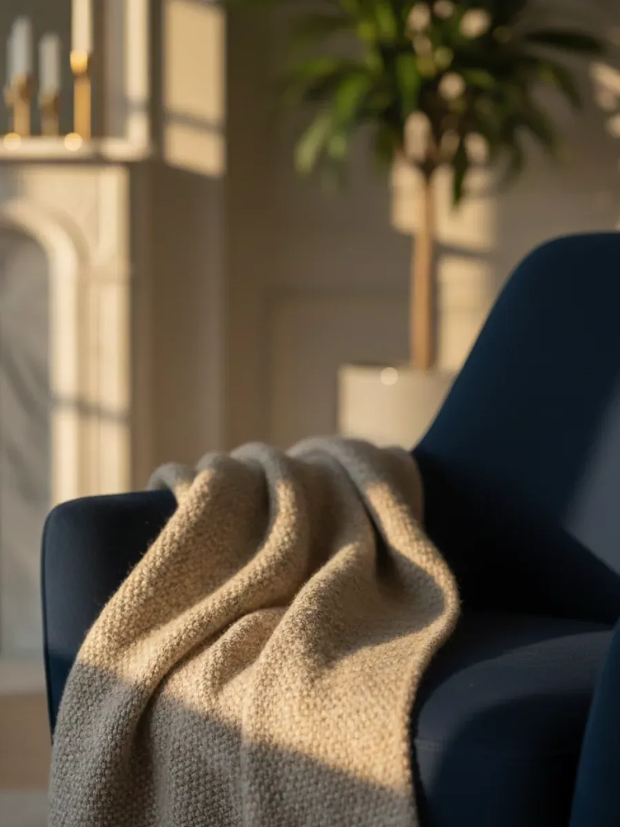 Fotel z miękkim kocem w porannym świetle