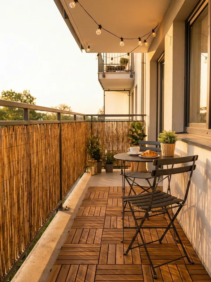 Balkon z drewnianym podestem, bambusową osłoną, stolikiem bistro i girlandą