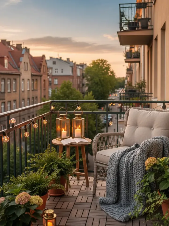 Balkon z roślinami i widokiem na miasto