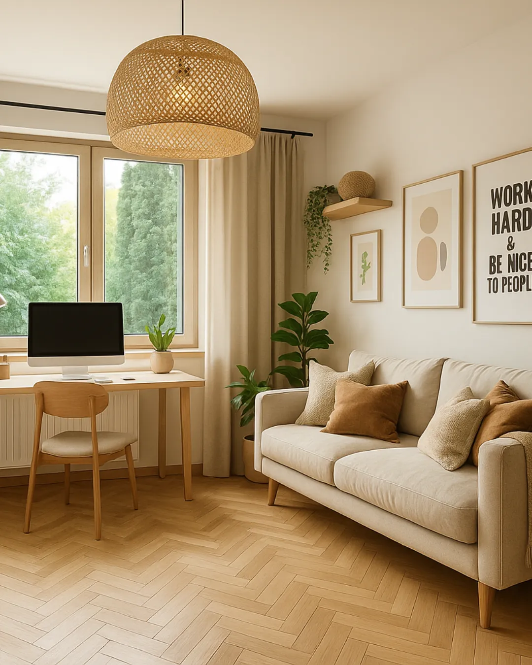 Fotorealistyczna wizualizacja jasnego salonu w stylu skandynawskim, z beżową sofą, drewnianym biurkiem z komputerem przy dużym oknie, podłogą w jodełkę i dużą, plecioną lampą wiszącą.
