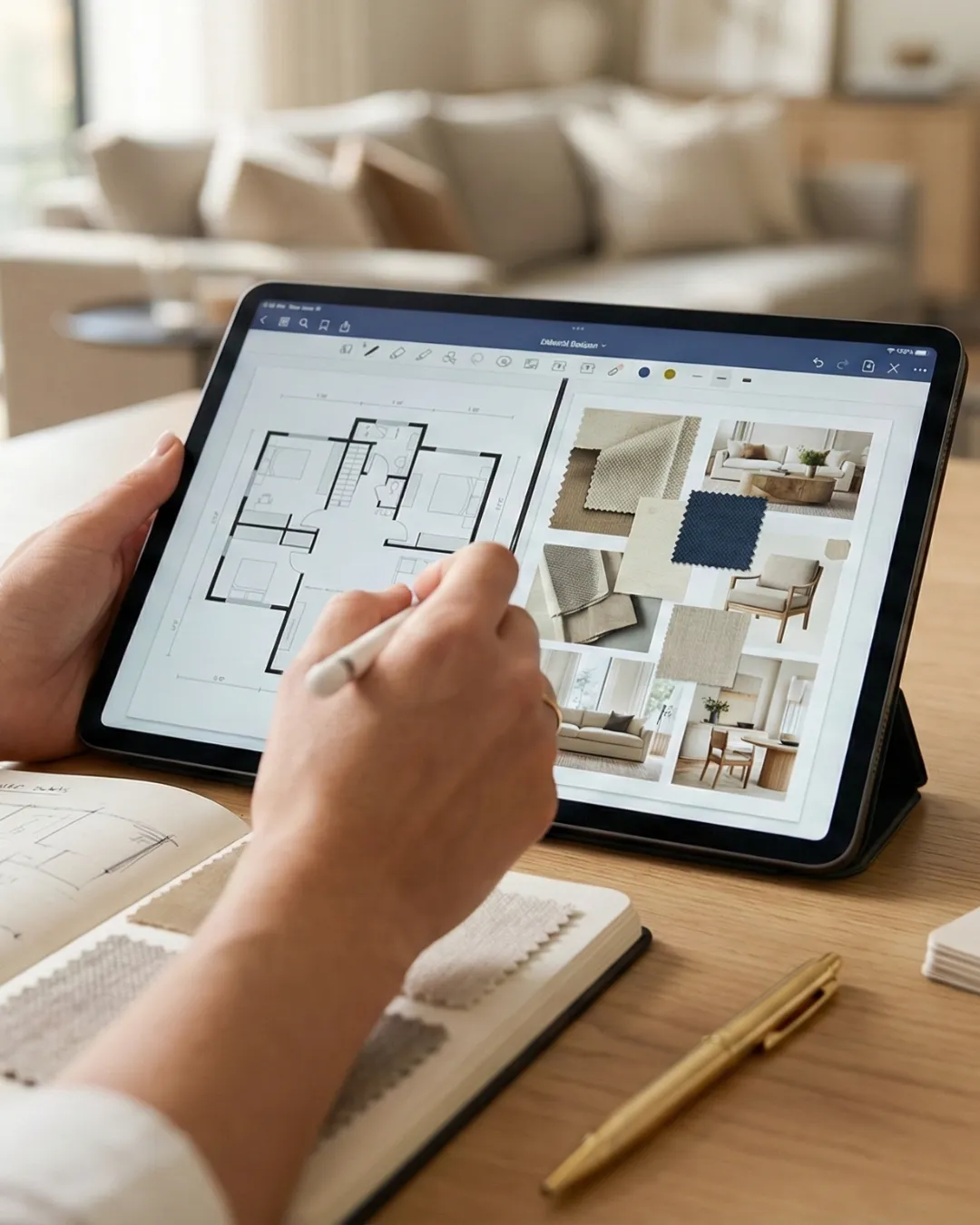Konsultacje home stagingowe Rzeszów. Profesjonalne planowanie metamorfozy wnętrza na tablecie – moodboard, rzut mieszkania i dobór materiałów do sprzedaży nieruchomości.