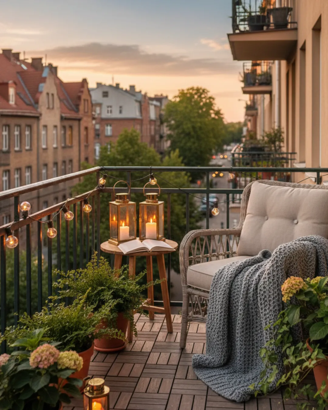 Stylizacja balkonu w kamienicy – home staging Rzeszów. Przytulna aranżacja tarasu o zachodzie słońca z oświetleniem, roślinami i wygodnym fotelem, zwiększająca atrakcyjność mieszkania na sprzedaż.