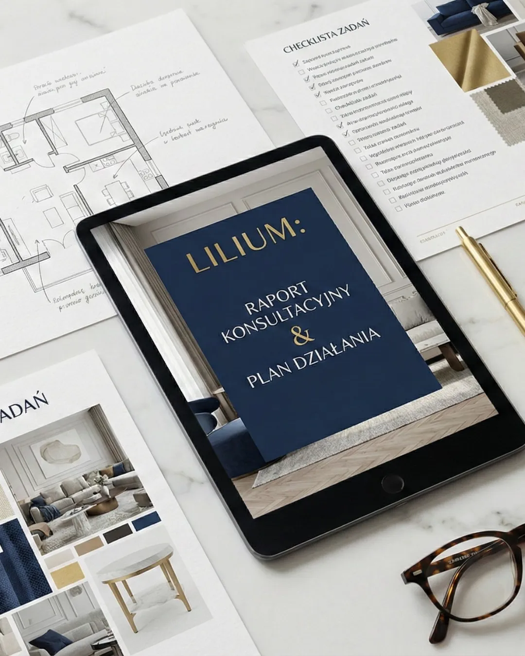 Raport konsultacyjny i plan działania home staging Rzeszów. Dokumentacja przygotowana przez markę Lilium: tablet, checklista zadań, moodboard z meblami oraz odręczny rzut mieszkania do sprzedaży.